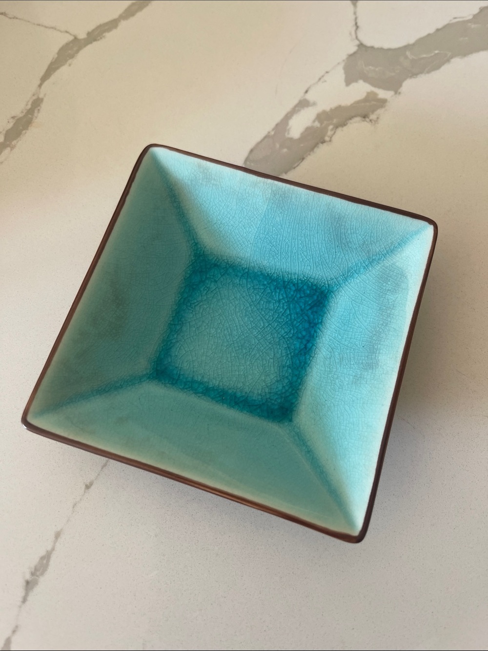 Square Turquoise Ceramic Bowl with Brown Rim 5 inches square